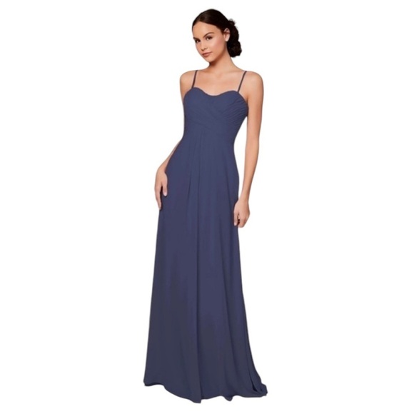 Jim Hjelm Navy Chiffon Maxi Dress Spaghetti Straps Size 8 Twisted Bodice - Picture 4 of 10